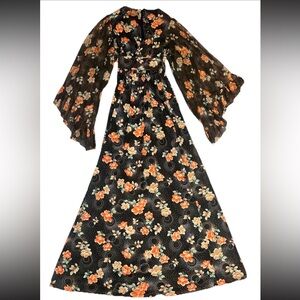 Vintage 1970’s Boho Cottagecore Floral Print Bell Sleeve Dress ILGWU Union Made